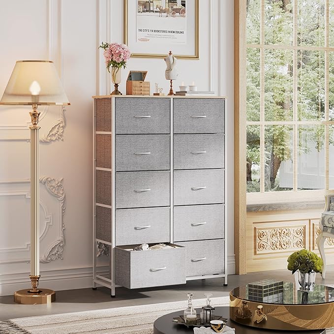 WLIVE Tall Dresser for Bedroom with 10 Drawers, Chest of Drawers, Dressers Bedroom Furniture, Storage Organizer Unit with Fabric Bins for Closet, Hallway, Living Room, Entryway, Light Grey