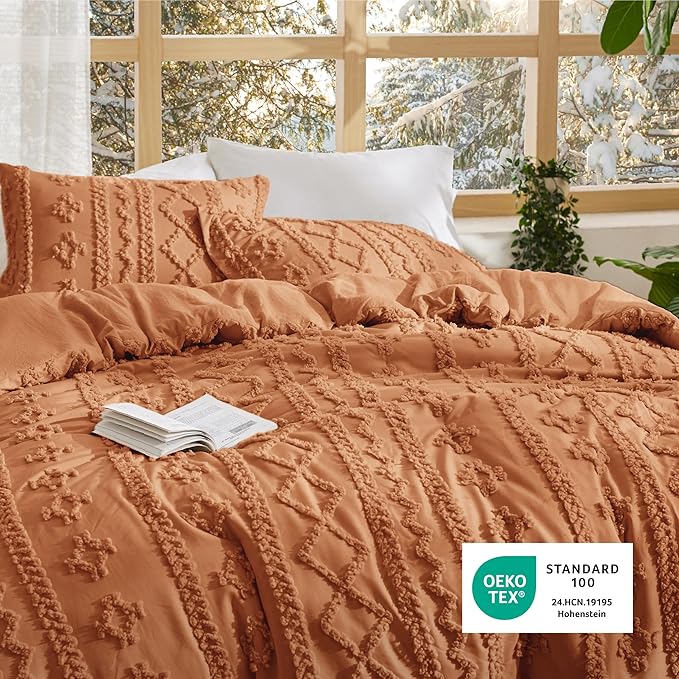 Bedsure Tufted Boho Comforter Set King Size - Pumpkin Boho Bed Set, GentleSoft™ 3 Pieces Farmhouse Shabby Chic Embroidery Bedding, Gifts for Woman, Soft Jacquard King Comforter for All Seasons