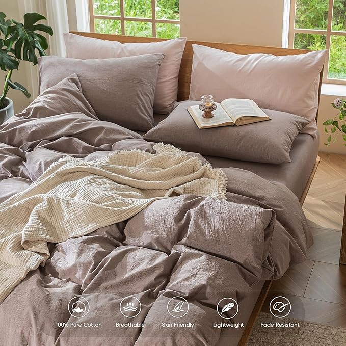 MooMee Bedding Duvet Cover Set 100% Washed Cotton Linen Like Textured Breathable Durable Soft Comfy (Heathered Mauve Brown, Oversized Queen 98"x98")
