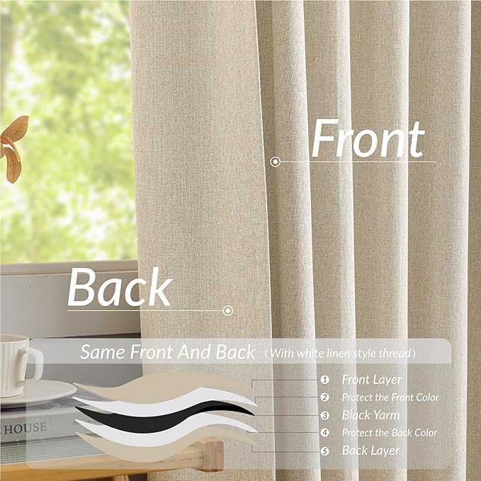 KangBang Pinch Pleated Blackout Curtains 63 Inch Length, Linen Textured Thermal Window Panels for Bedroom Kitchen,Small Window Black Out Drapes with Hooks, Natural Beige, 42Wx63L, 2 Panels