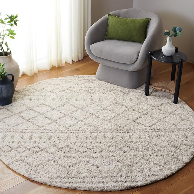 SAFAVIEH Arizona Shag Collection 6'7" Round Ivory/Beige ASG741A Moroccan Non-Shedding Living Room Bedroom Dining Room Entryway Plush 1.6-inch Thick Area Rug
