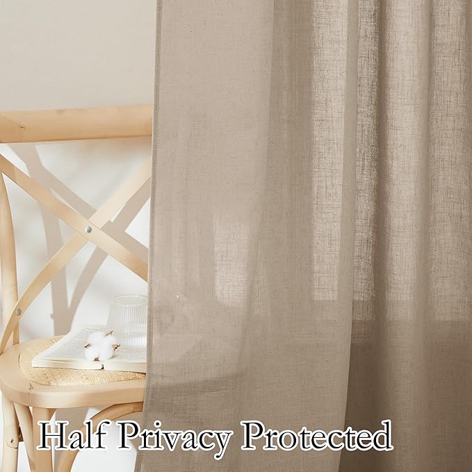 RYB HOME Privacy Semi Sheer Linen Curtains 72 inches Long, Rod Pocket & Back Tab Linen Blend Elegant Light Filtering Privacy Protected Panels for Farmhouse Cottage, Khaki, 52" W, 2 Panels