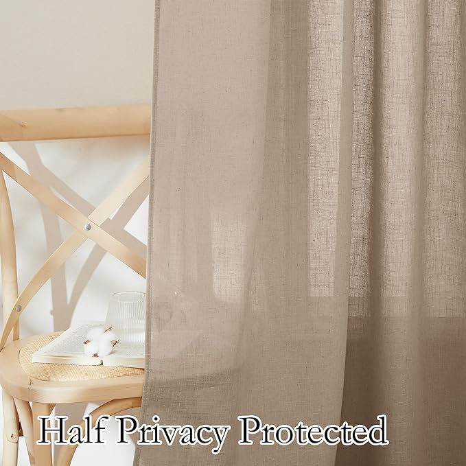 RYB HOME Linen Semi Sheer Curtains - Light Filtering Wrinkle Resistance Breathable Window Treatments Natural Fabric for Living Room Bedroom Kitchen, W 100 x L 108 inch, Khaki, 1 Panel