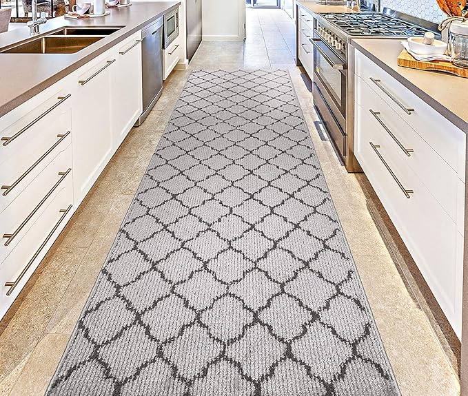 Custom Size Modern Runner Rug Carpet for Hallway Entryway Foyer Kitchen, Slip Resistant Latex Rubber Backed 31 inch Wide X Customized Length, Trellis Grey, 31 inch X 29 feet