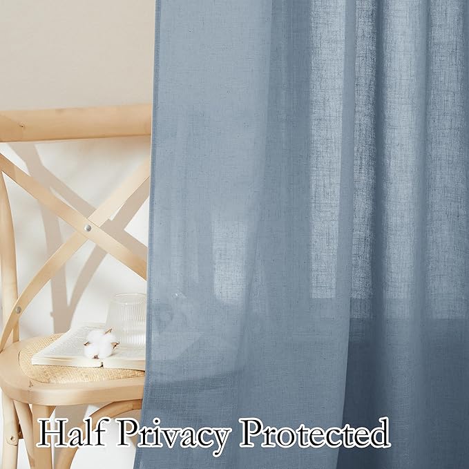 RYB HOME Semi Sheer Curtains for Living Room Dining Room, Linen Texture Window Decor Sun Protection Modern for Bathroom Doorway, W 52 x L 102 inch, 2 Pcs, Dusty Blue