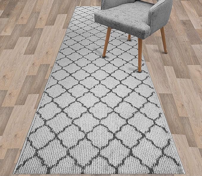 Custom Size Modern Runner Rug Carpet for Hallway Entryway Foyer Kitchen, Slip Resistant Latex Rubber Backed 31 inch Wide X Customized Length, Trellis Grey, 31 inch X 8 feet