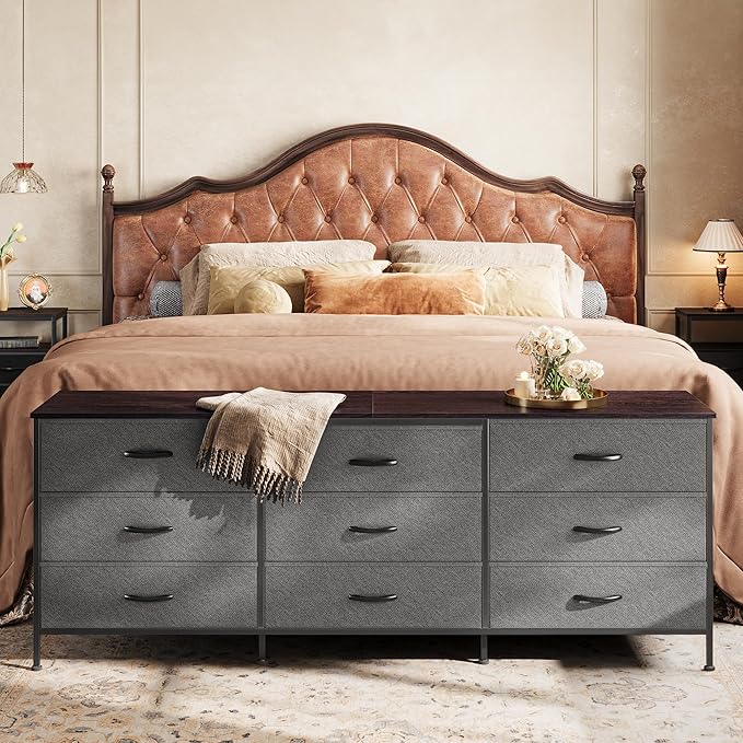 Huuger 63 Inch Dresser for Bedroom, Dresser for Closet with 9 Drawers, Large TV Stand for 55, 65, 70 Inch TV, Entertainment Center with Storage, Wide Long Chest of Drawers, Walnut and Dark Grey