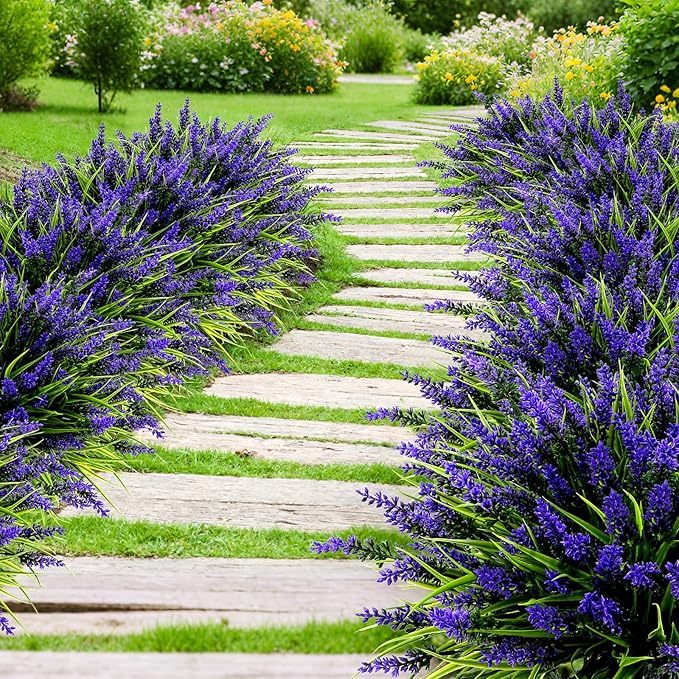 Geegoods 24 Bundles Artificial Plants Flowers Outdoor – Faux Lavender Flowers with Monkey Grass UV Resistant Plastic Faux Plants for Garden Porch Window Patio Hanging Planter Home Decor