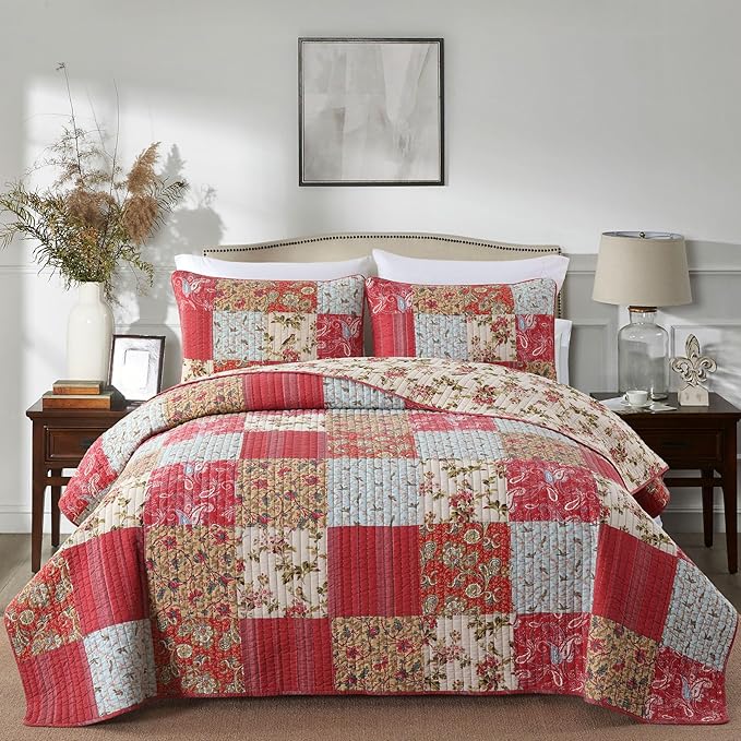 Secgo King Size Comforter Set- 100% Cotton Quilt King Size Set, Green, Sage bedspreads (96 * 108 Inch) with 2 Pillow Shams, Patchwork Reversible Lightweight Bedding