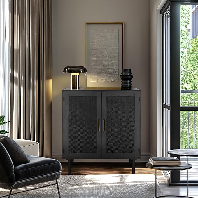 Finnhomy Sideboard Buffet Kitchen Storage Cabinet with Black Painted Rattan Decorated Doors, Dining Room, Hallway, Cupboard Console Table, Liquor/Accent Cabinet, 31.5X 15.8X 34.6 Inches, Black