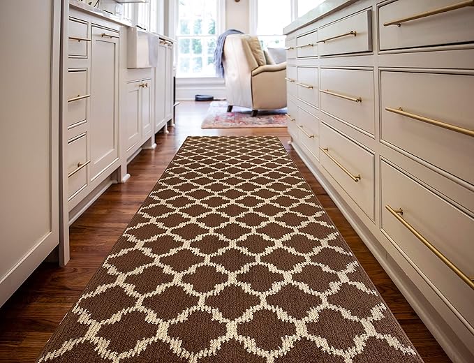Custom Size Cut to Length Moroccan Trellis Design Runner Rug Mat For Wide Long Hallways with Non-Slip Rubber Backing, Better Traction for Pets, Prevent Slippage, Trellis Brown, 31 inch X 13 feet