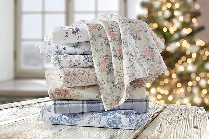 Laura Ashley - Flannel Sheets King Size, Anti-Pilling & Wrinkle Resistant Cotton, Touchably Soft for All-Season Comfort - Bed Sheets with Matching Pillowcases & Fitted Sheet (Vanessa Blue)