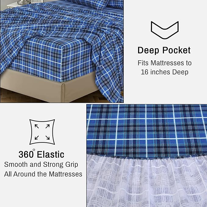RUVANTI Flannel Sheets California King Size - 100% Cotton Brushed Cal King Bed Sheets Set - Deep Pockets 14 Inches - All Seasons Breathable & Extra Soft - Warm & Cozy, 4 Piece, Blue Plaid