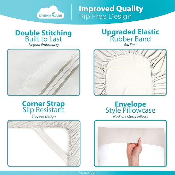 DREAMCARE Twin XL Sheet Sets – 3pcs Cooling Sheets – up to 21” Extra Deep Pocket Twin XL Sheets Set – Hotel Luxury Sheets & Pillowcases – Superior Softness 100% Fine Microfiber with Side Pocket –Ivory