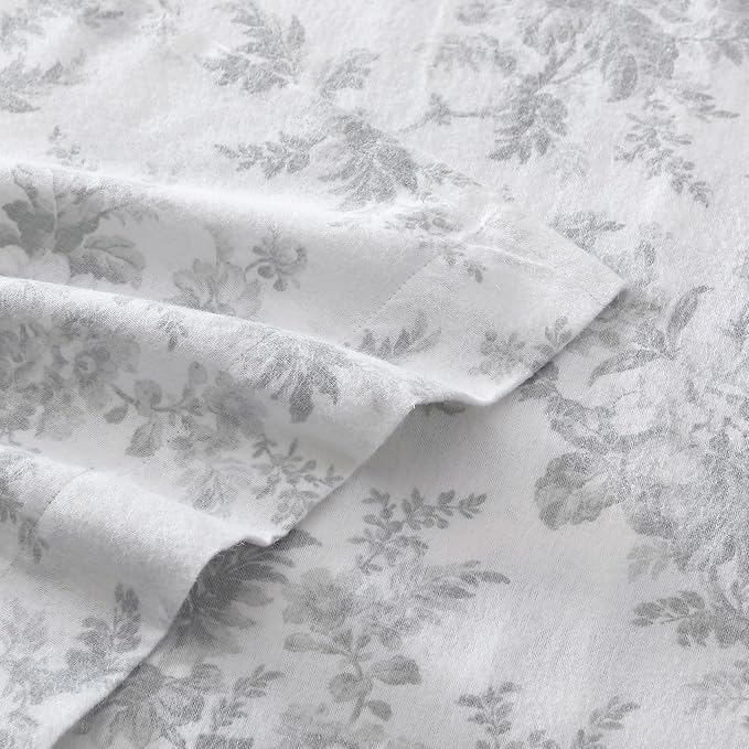 Laura Ashley - Flannel Sheets Queen Size, Anti-Pilling & Wrinkle Resistant Cotton, Touchably Soft for All-Season Comfort - Bed Sheets with Matching Pillowcases & Fitted Sheet (Vanessa Grey)