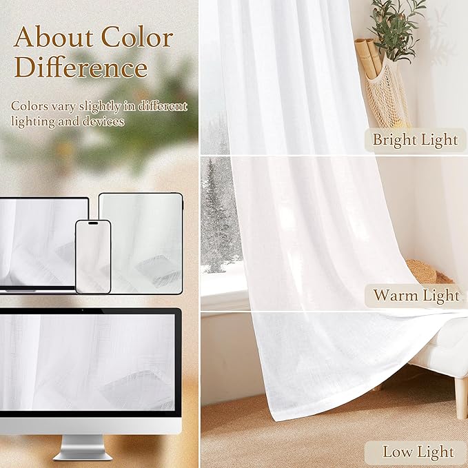 RYB HOME Extra Long Sheer Curtains Semi Transparent Drapes Boho Window Decor for Living Room Bedroom Front Door High Ceiling Window, White, W 70 x L 108, 1 Pair
