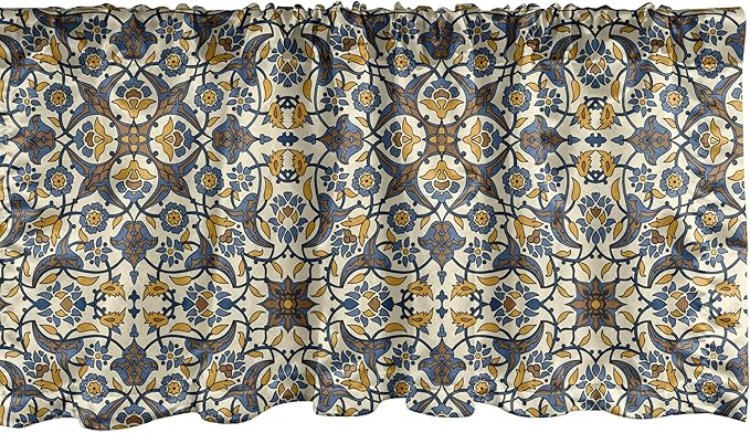 Ambesonne Turkish Pattern Window Valance Pack of 2, Flowers in and Traditional Style, Rod Pocket Curtain Valances for Kitchen Bedroom, 42" X 12", Earth Yellow Slate Blue