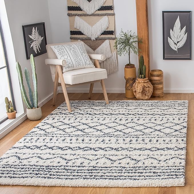 SAFAVIEH Arizona Shag Collection Accent Rug - 3'2" x 5', Ivory & Slate, Moroccan Design, Non-Shedding & Easy Care, 1.6-inch Thick Ideal for High Traffic Areas in Foyer, Living Room, Bedroom (ASG741M)