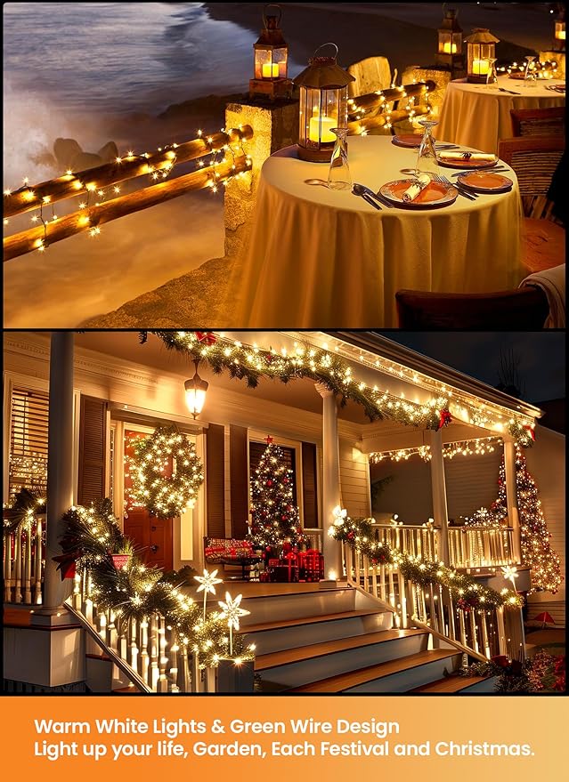 Brightown LED Christmas Mini Lights, 39Feet 100 LED Clear Bulbs String Lights with 8 Light Modes, Connectable Fairy Lights Plug in for Outdoor Xmas Trees Garland Wreath Holiday Decorations, Warm White