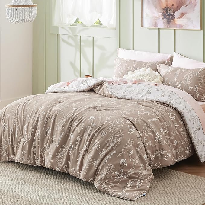 Bedsure King Comforter Set - Light Taupe Bed Set, 3 Pieces Cute Floral Bedding, 1 Soft Reversible Botanical Flowers Comforter and 2 Pillow Shams