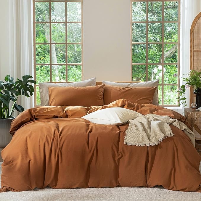MooMee Bedding Duvet Cover Set 100% Washed Cotton Linen Like Textured Breathable Durable Soft Comfy (Solid Dark Orange, Oversized King Plus 128"x120")