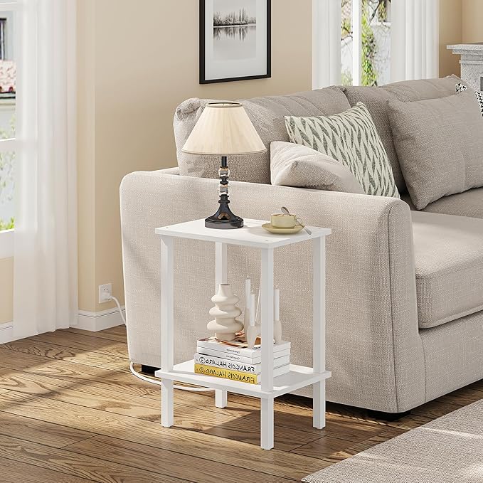 TUTOTAK End Table with Charging Station, Small Side Table with Outlets, Nightstand Bedside Table, 2-Tier Storage Shelf for Small Space, Living Room, Bedroom, White TB01BW040