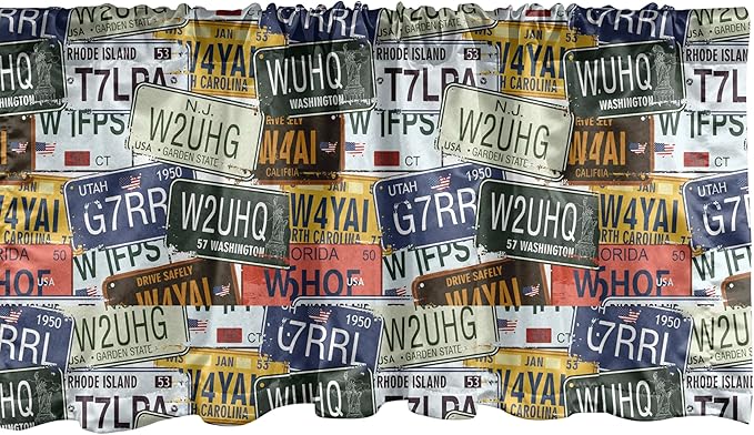 Ambesonne Vintage Window Valance Pack of 2, Original Retro Style License Plates Personalized Creative Travel Vacation, Rod Pocket Curtain Valances for Kitchen Bedroom, 42" X 18", Green Blue Yellow