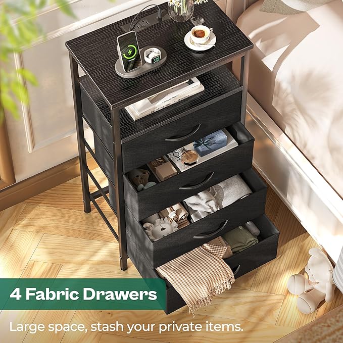 Huuger Night Stand with Charging Station, 4 Drawer Dresser for Bedroom, Bedside Table, 33.9 Inch Tall Nightstand with Open Shelf, End Table, for Closet, Entryway, Bedroom, Black