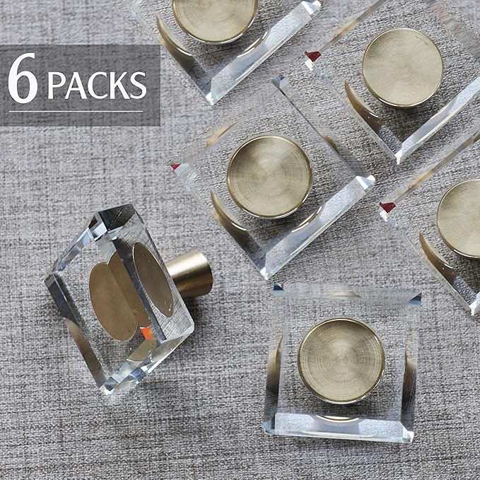 JEREVER 6 Pack Glass Crystal Knobs Brass Drawer Pull Cabinet Handle Gold Furniture Hardware for Dresser Kitchen (Square)