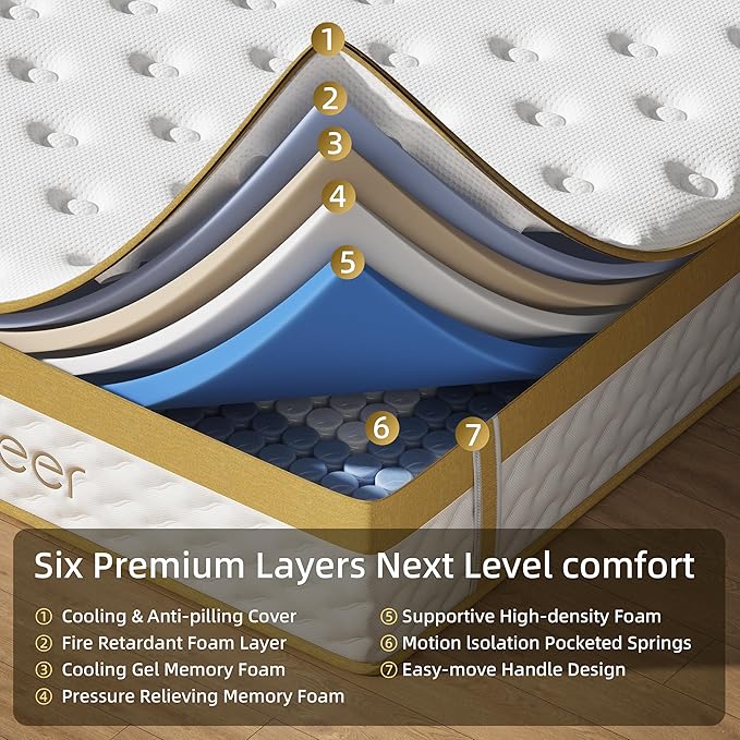 Cooling Gel Memory Foam Hybrid Mattress, 12 Inch Queen Size Mattress in A Box with Pocket Springs for Back Pain & Pressure Relief, Medium Firm Feeling with CertiPUR-US Certified Foam