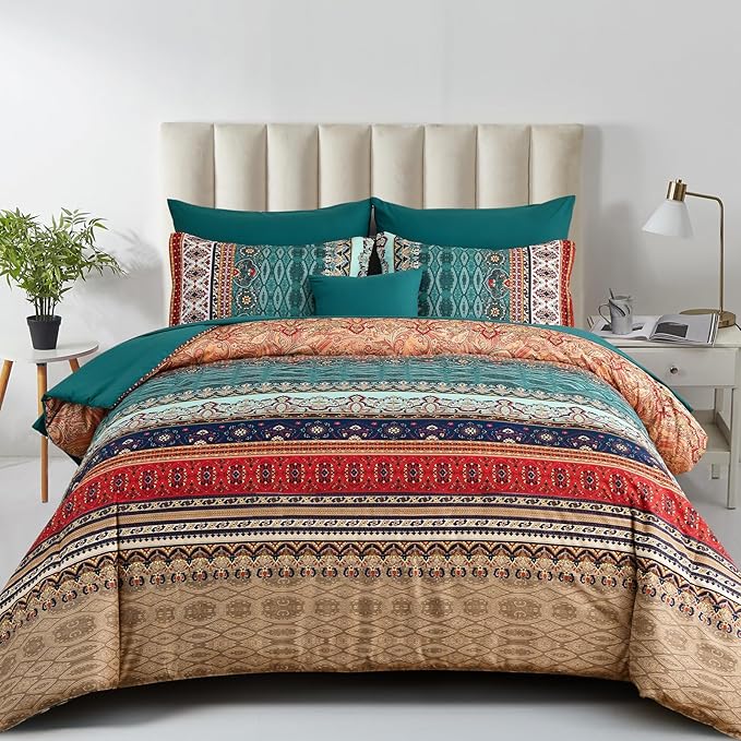 Boho Comforter Set California King Size 8 Pieces,Green and Brown Bohemian Striped Bed in a Bag,Floral Soft Microfiber Bedding Comforter Set for All Seasons
