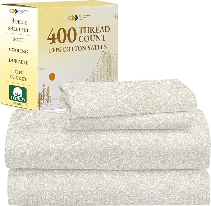 California Design Den Deep Pocket Twin Sheets Set - 400 Thread Count Sateen, Natural 100% Cotton Sheets, Cooling and Durable Bedding Set - Paisley Beige