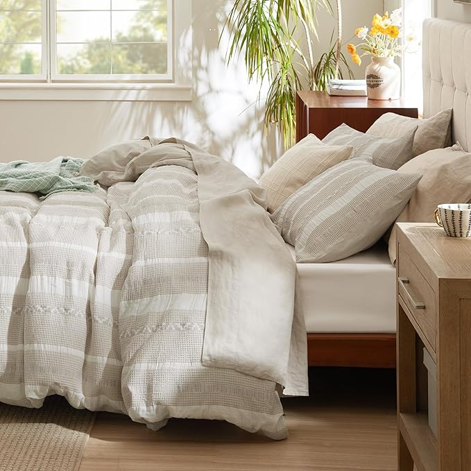 Bedsure Waffle Weave Duvet Cover Queen - 100% Cotton Boho Duvet Cover with 2 Pillowcases - Linen Color Textured Comforter Cover with Zipper Closure (Queen, 90"x90")