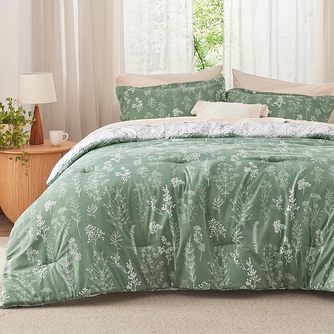 Bedsure Full Comforter Set - Green Bed Set, 3 Pieces Cute Floral Bedding, 1 Soft Reversible Botanical Flowers Comforter and 2 Pillow Shams