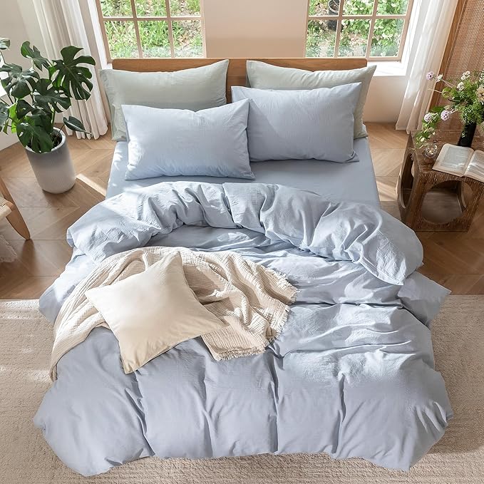 MooMee Bedding Duvet Cover Set 100% Washed Cotton Linen Like Textured Breathable Durable Soft Comfy (Heathered Cornflower Blue, Full 80"x90")