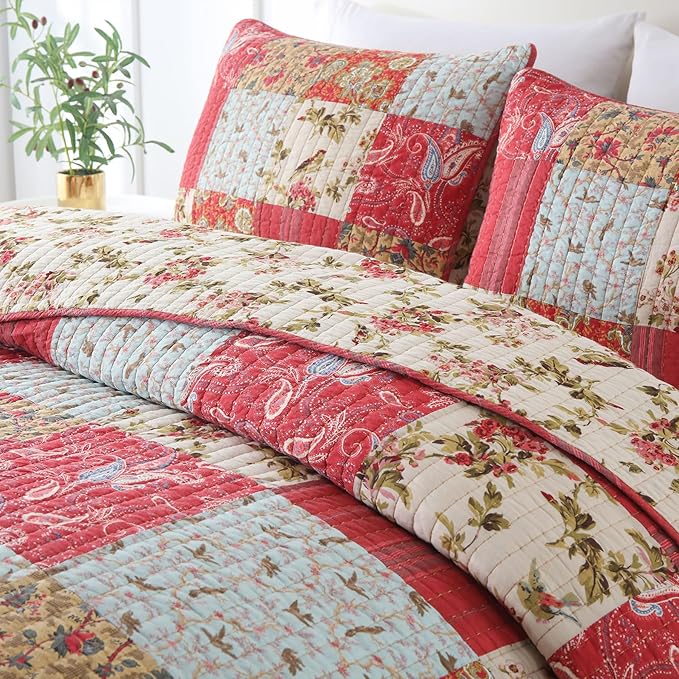 Secgo King Size Comforter Set- 100% Cotton Quilt King Size Set, Green, Sage bedspreads (96 * 108 Inch) with 2 Pillow Shams, Patchwork Reversible Lightweight Bedding