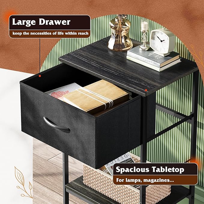 WLIVE Black Nightstand, Bedside Table with Fabric Storage Drawer, Open Wood Shelf, Night Stand for Bedroom Furniture, End Table for Dorm, Entryway, 25.03" Height