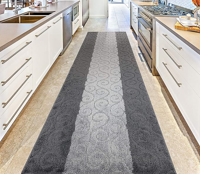 Custom Size Modern Runner Rug Carpet for Hallway Entryway Foyer Kitchen, Slip Resistant Latex Rubber Backed 31 inch Wide X Customized Length, Scroll Grey, 31 inch X 8 feet