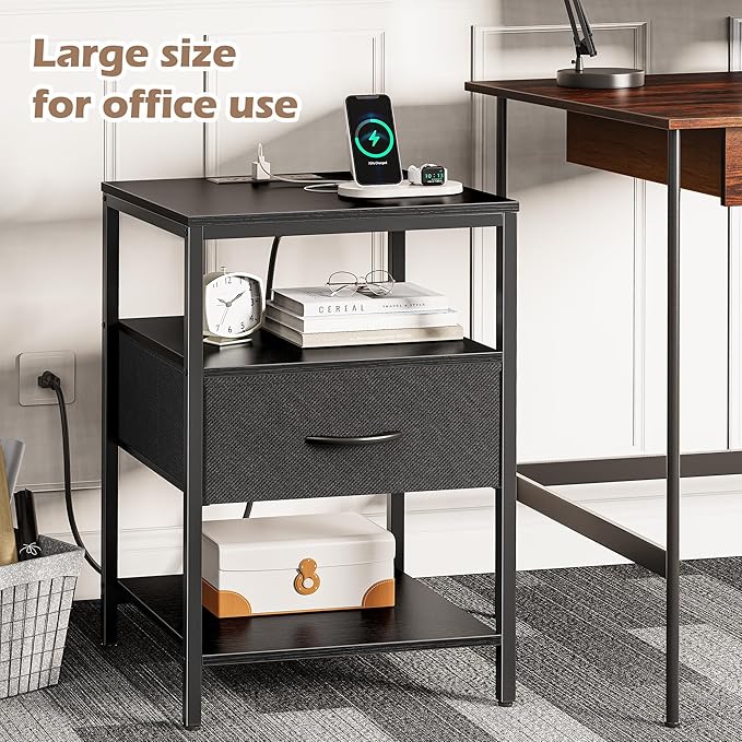 SUPERJARE Night Stand with Charger Station, 27.7 Inch Tall Nightstand with Adjustable Fabric Drawer, Bed Side Table, Fabric Drawer Dresser for Bedroom, Living Room, Black