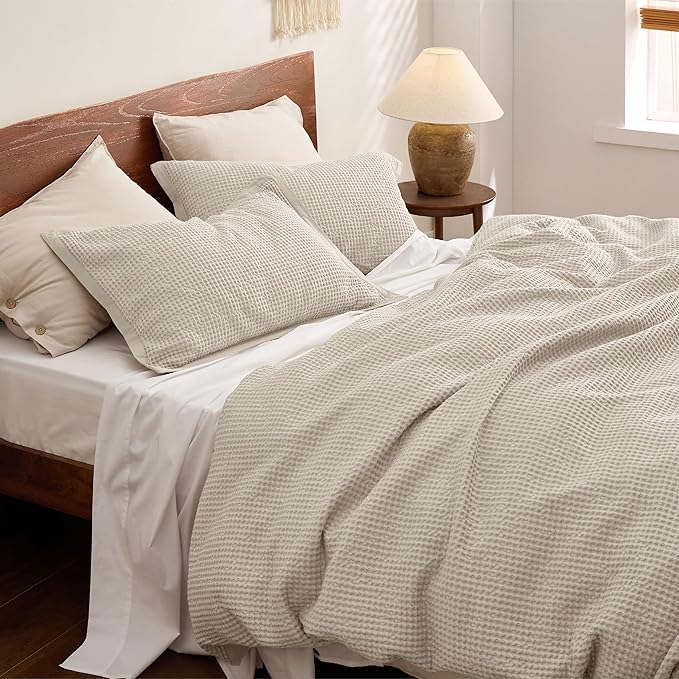 Bedsure Cotton Duvet Cover Set - 100% Cotton Waffle Weave Beige Duvet Cover Oversized Queen Size, GentleSoft™ and Breathable Bedding Set for All Season, 3 Pieces, 98"x98"
