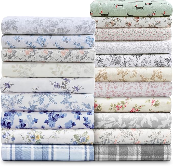 Laura Ashley - Flannel Sheets Twin Size, Anti-Pilling & Wrinkle Resistant Cotton, Touchably Soft for All-Season Comfort - Bed Sheets with Matching Pillowcase & Fitted Sheet (Vanessa Grey)