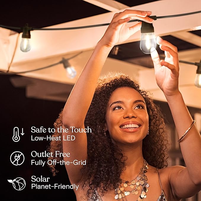 Brightech Ambience Pro Solar Powered Outdoor String Lights -27 ft Commercial Grade Waterproof Edison Patio Lights, Shatterproof LED String Lights for Outside, Porch - 12 Bulbs, 1W Soft White