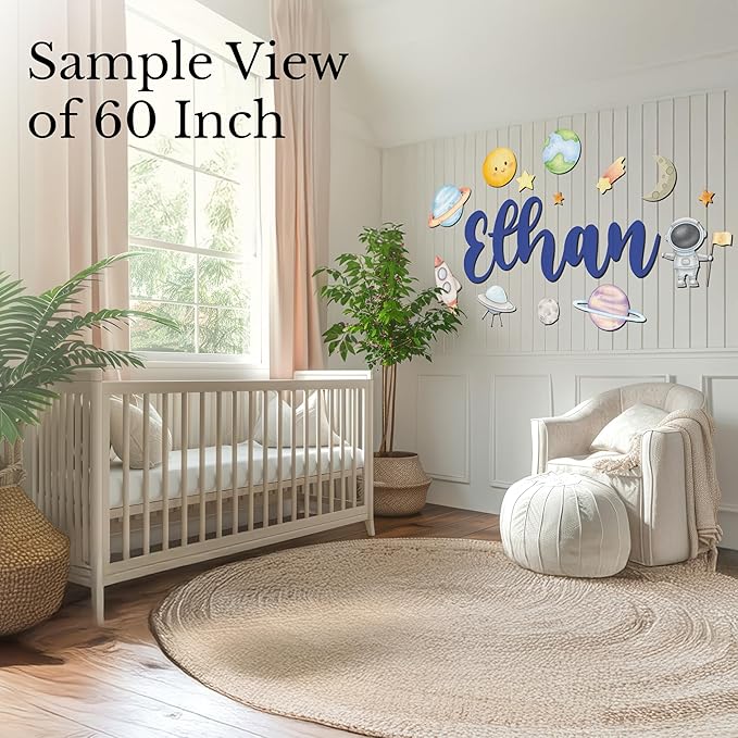 Custom Nursery Name Sign with Themed Decor Kit | Personalized Wooden Wall Art for Baby, Kids Room | Space, Jungle, Circus, Under the Sea, Woodland, Rainbow (10", Space)