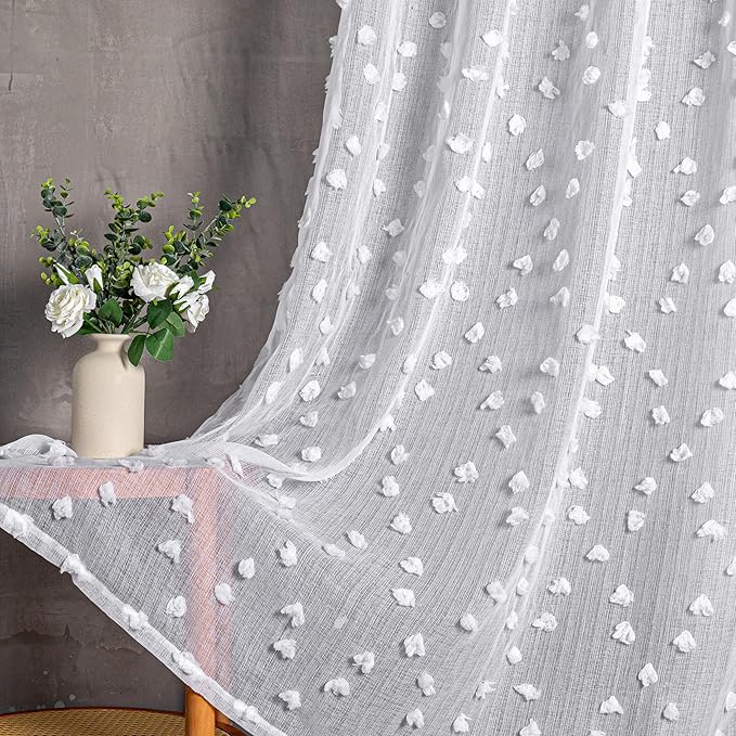 MYSKY HOME Pom Pom White Sheer Curtains for Bedroom Girls Room Curtains for Nursery Kids Light Filtering Boho Window Drapes, Rod Pocket, 52 x 95 Inches, 2 Panels