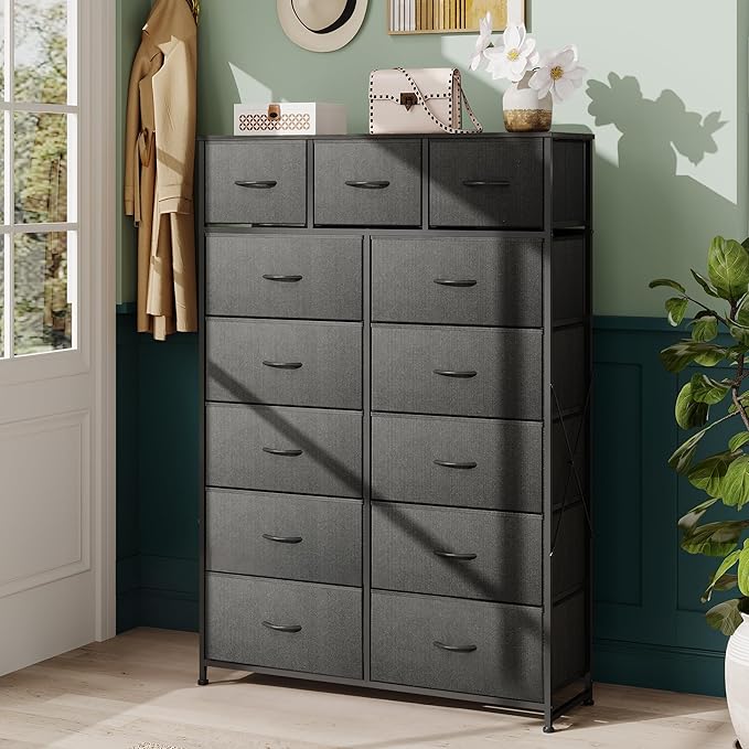 WLIVE Storage Organizer Unit with 13 Fabric Bins, Storage Drawers Organizer with Steel Frame, Tall Storage Tower Organizaton for Living Room, Hallway, Office, Charcoal Black