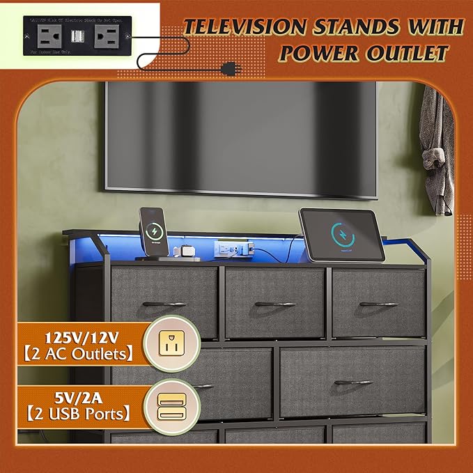 WLIVE Led Dresser for Bedroom, Black Dresser TV Stand for Bedroom with LED Lights and Power Outlet, Wide Chest of Drawers for Hallway, 8 Fabric Drawers for Living Room and Entryway, Easy to Assemble