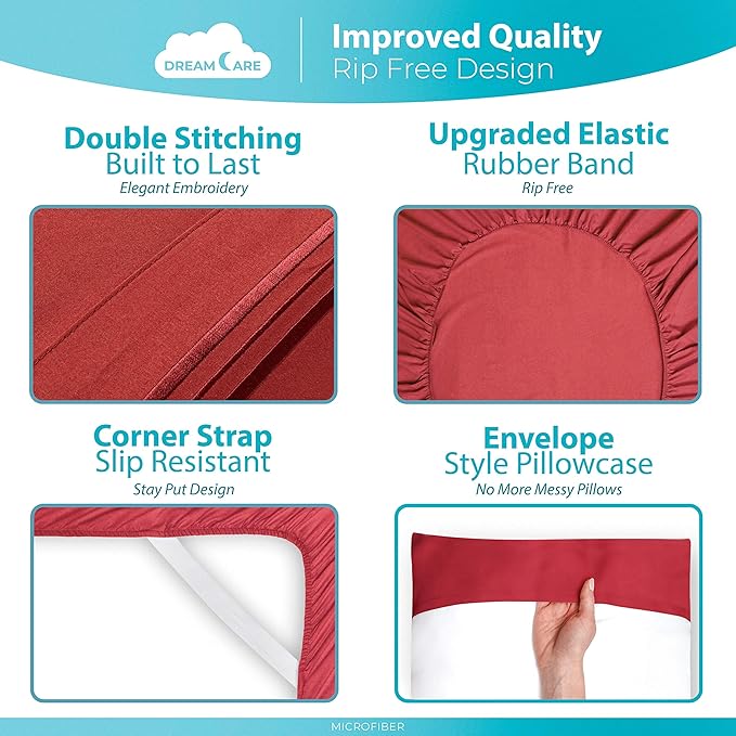 DREAMCARE Queen Sheet Set – 6 pcs Cooling Bed Sheets – up to 15” Deep Sheets Queen Size Bed Set – 2500 Supreme Collection – Extra Soft 100% Brushed Microfiber Hotel Luxury with Side Pocket – Burgundy