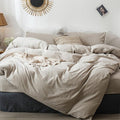 MooMee Bedding Duvet Cover Set 100% Washed Cotton Linen Like Textured Breathable Durable Soft Comfy (Heathered Tannish Linen Grey, Queen 90"x90")