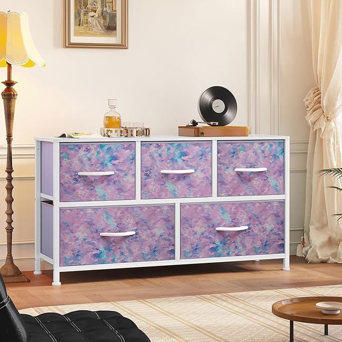 YITAHOME Wide Storage Tower with 5 Drawers - Fabric Dresser, Organizer Unit for Bedroom, Living Room, Closets - Sturdy Steel Frame, Easy Pull Fabric Bins & Wooden Top