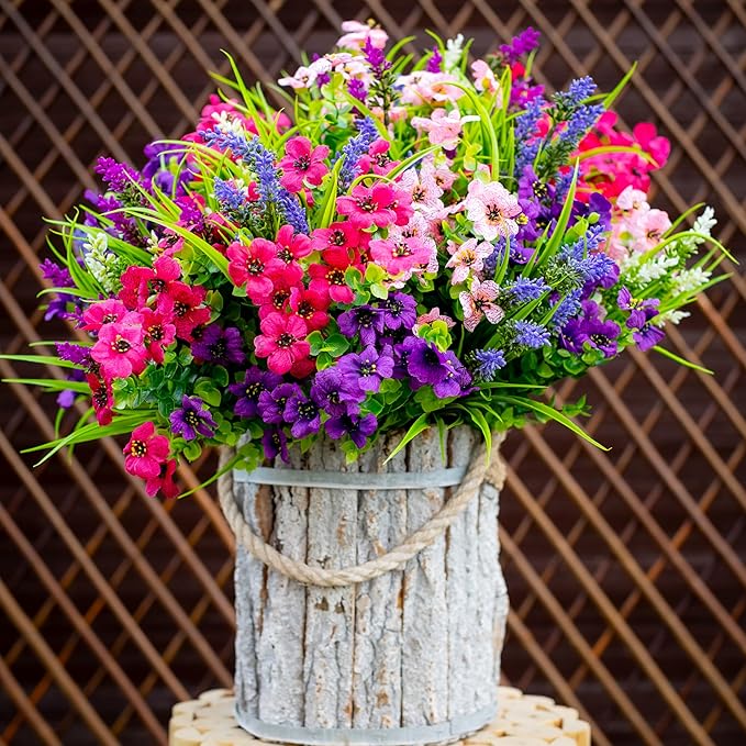 Artificial Flowers Outdoor Shrubs - 16 Bundles Fake Plants UV Resistant No Fade Faux Plastic Greenery Home Garden Porch Patio Decoration Office Indoor (1, Multi-16pcs)